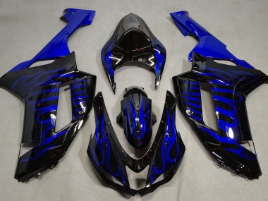 2007-2008 Noir Brillant & Bleu Flamme Kawasaki ZX6R Carénage Moto